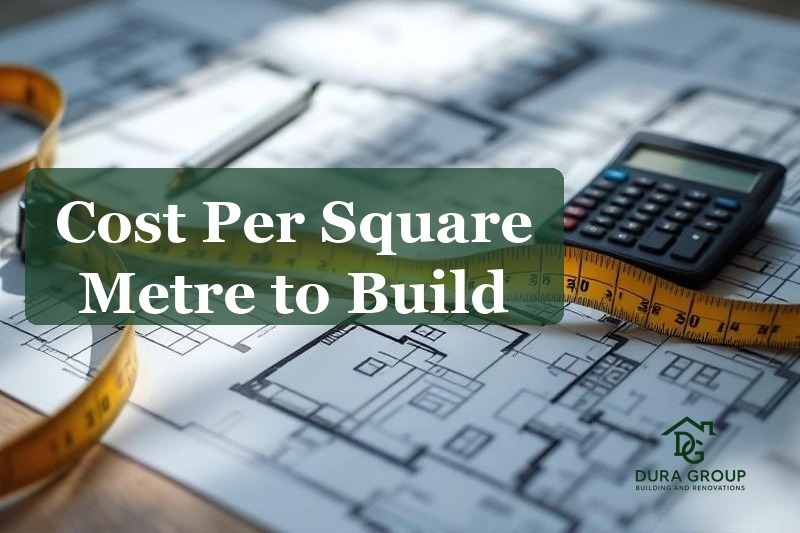 Tape measure on architectural floor plan with calculator for cost estimation