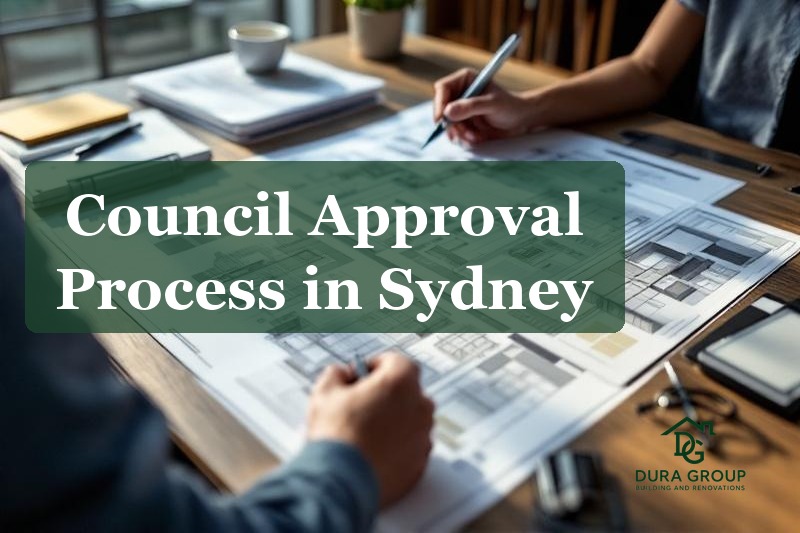 Council approval documents and building plans on a desk