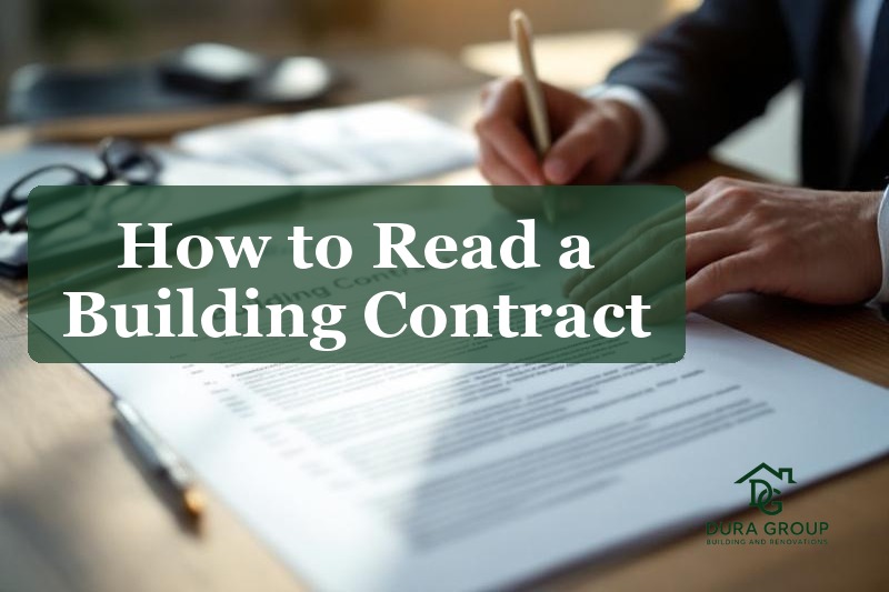 Building contract document on a desk with pen and reading glasses