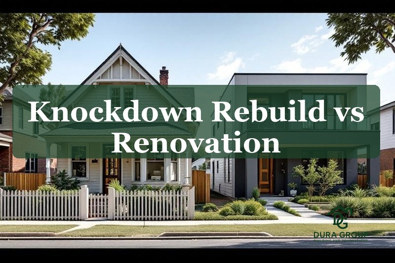 Older weatherboard home next to a modern new build showing knockdown rebuild comparison