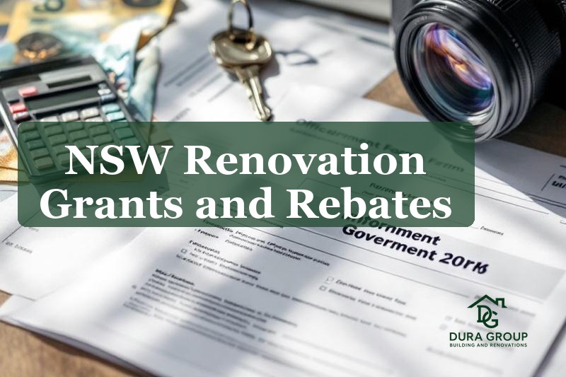 Government grant application forms with calculator and house keys for NSW renovation rebates