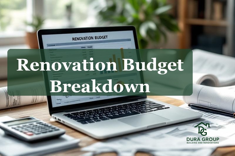 Renovation budget spreadsheet on laptop with building plans and calculator