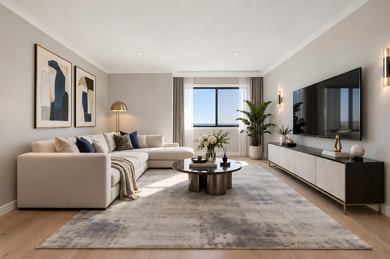 Large second living area on the new first floor with sectional sofa and outlook